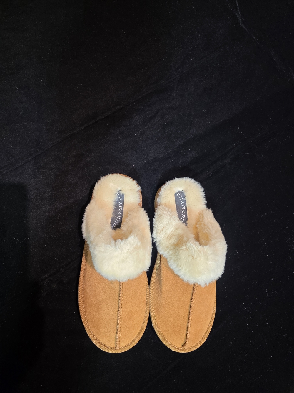 Shearling-Lined Suede Slippers in Tan by Elle Memento